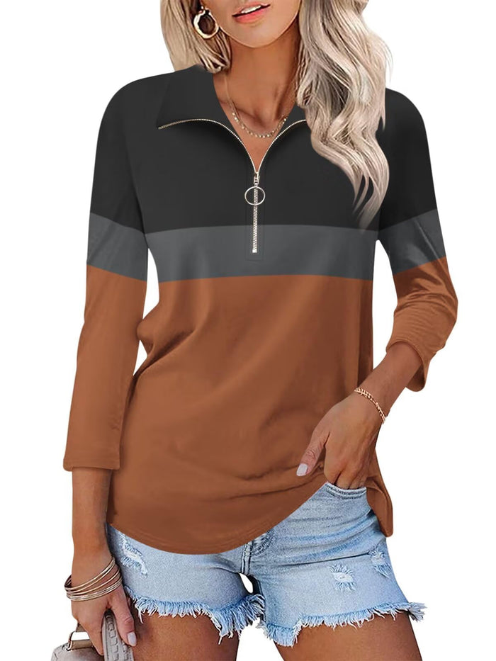 TICTICMISS Women's V Neck 3/4 Sleeve Zipper Polo Shirt Black-Charcoal-Brown L by Deal US