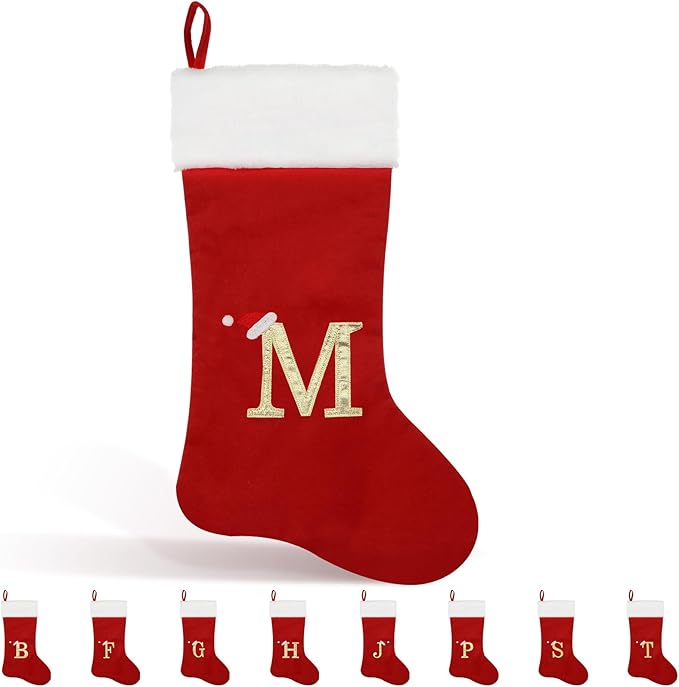 OLIKER 20in Monogram Christmas Stockings Red Velvet White Plush Cuffs Size M by Deal US