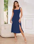 Gardenwed Womens Square Neck Midi Dress Sleeveless Slit Cocktail Navy M by Deal US