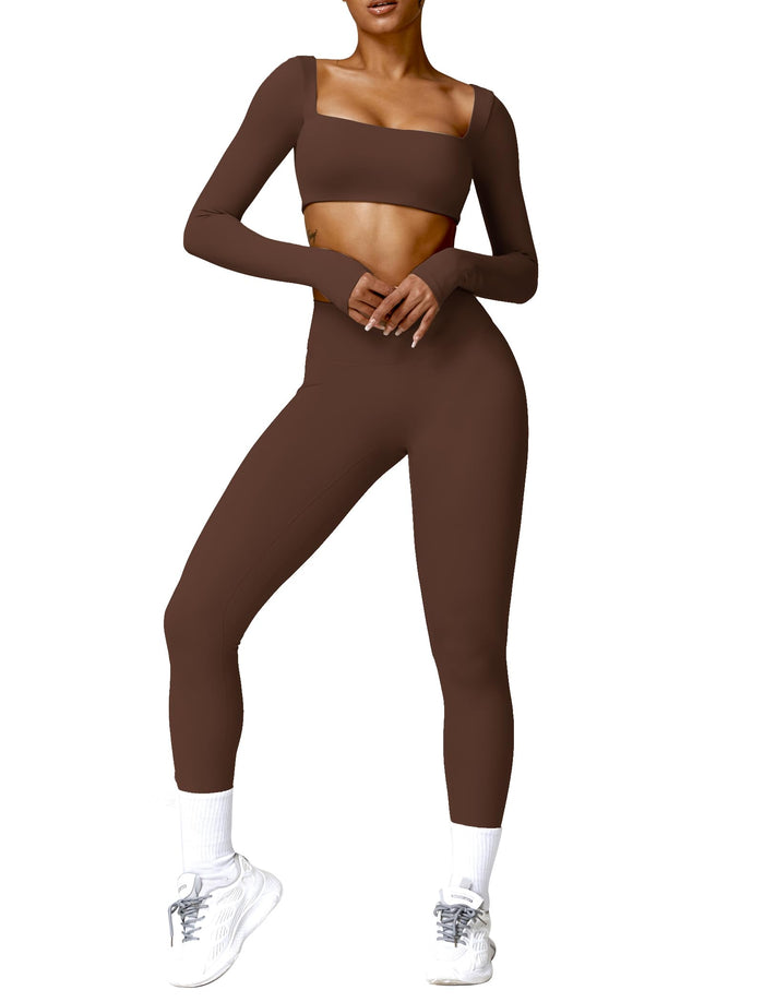 AGYMNX 2pc Workout Set Women Long Sleeve Crop Top High Waist Leggings Brown M by Deal US