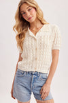 POINTELLE BUTTON DOWN SHIRT KNIT CARDIGAN: IVORY