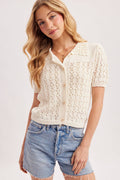 POINTELLE BUTTON DOWN SHIRT KNIT CARDIGAN: IVORY by Boutique 23