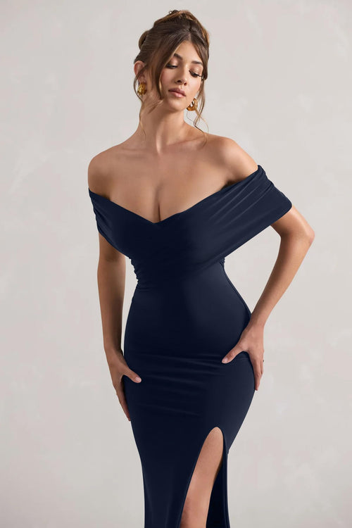 LAGSHIAN Women's Bodycon Off Shoulder Ruched Split Hem Dress Navy Size S by Deal US