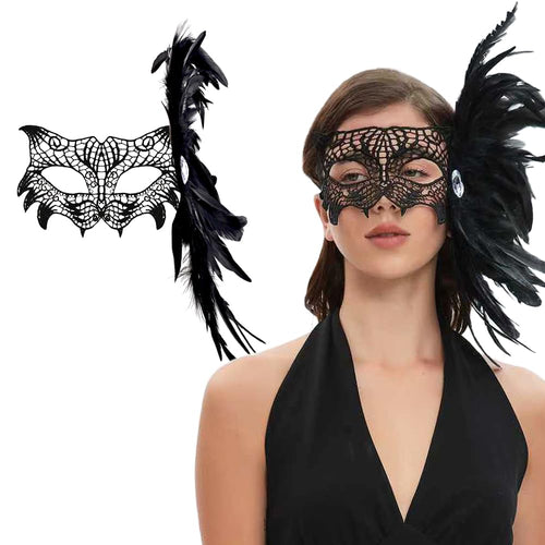 Livresse Fox Lace Feather Masquerade Mask Black Elastic Strap One Size by Deal US