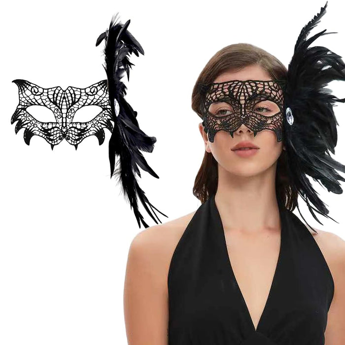 Livresse Fox Lace Feather Masquerade Mask Black Elastic Strap One Size by Deal US
