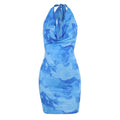 Knemksplanet Women Halterneck Mesh Mini Dress Floral Print Blue Size L by Deal US