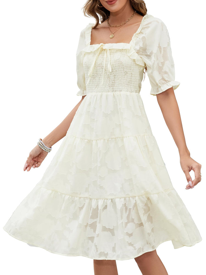 Gardenwed Womens Square Neck Midi Dress Smocked Bodice Puff Sleeves Beige Size M by Deal US