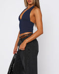 TiulZial Womens Backless Halter Crop Tank Top Navy Blue Size M by Deal US