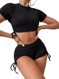 Tumhug Women's High Waist Bikini Set Crop Top Boy Shorts Black Size L by Deal US