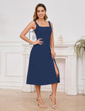 Gardenwed Womens Square Neck Midi Dress Sleeveless Slit Cocktail Navy M by Deal US