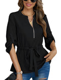 CiCiBird Womens Dressy 3/4 Sleeve Zip Peplum Blouse Black Size S by Deal US