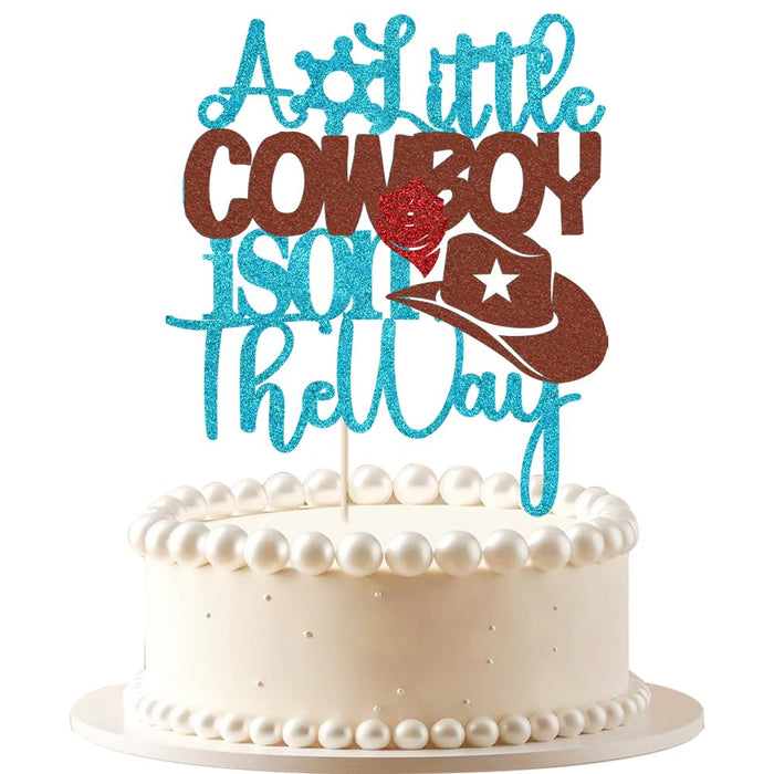 VQOUZVSR A Little Cowboy Is On The Way Cake Topper Blue Glitter Boy by Deal US