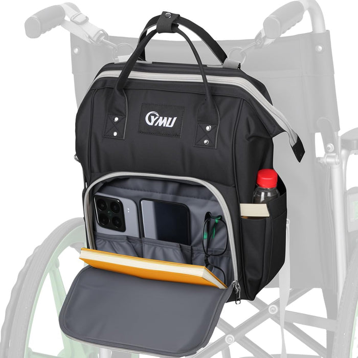 YMU Wheelchair Backpack Bag Large Insulated Pocket Black Shoulder Strap by Deal US
