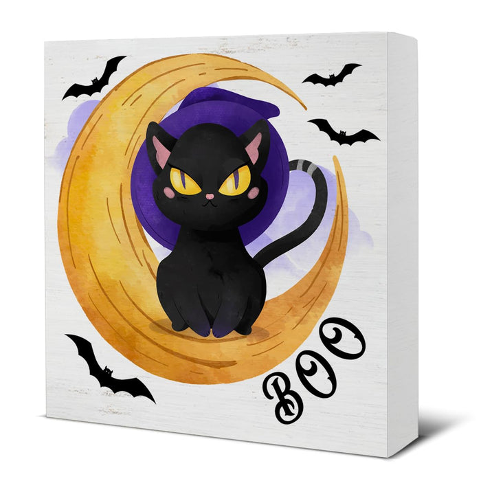 Hijie Halloween Black Cat Bat Wooden Sign Decor 5x5 Inches Indoor by Deal US