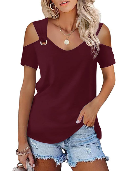 Bellcoco Womens Cold Shoulder V Neck Red Blouse Top XL by Deal US