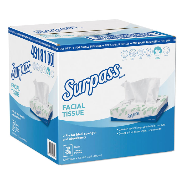 Surpass Facial Tissue, 2-Ply, White, Flat Box, 125/Box, 10 Boxes/Carton