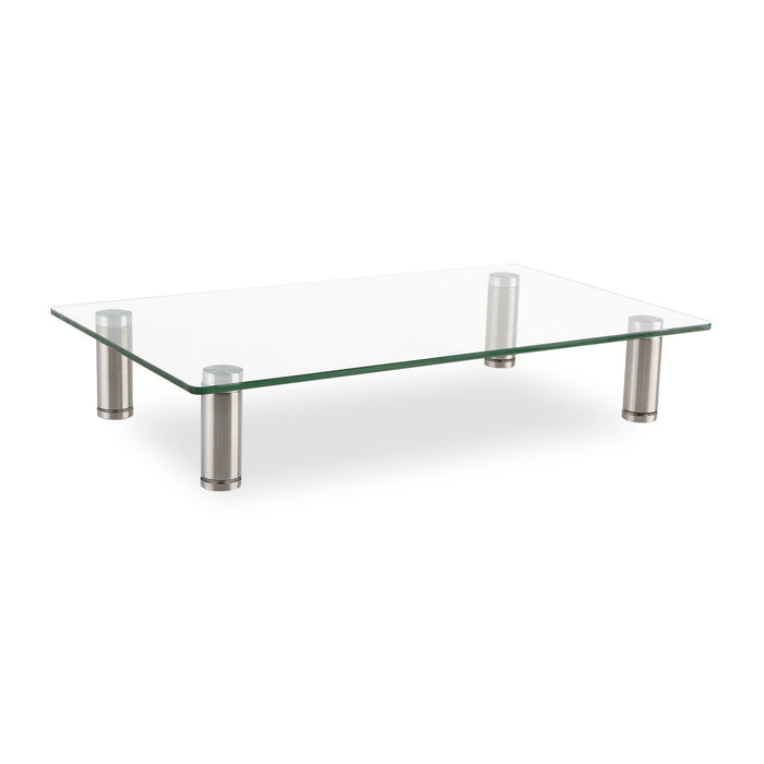 Innovera Adjustable Tempered Glass Monitor Riser, 15.75" x 9.5" x 3" to 3.5", Clear/Silver, Supports 44 lbs