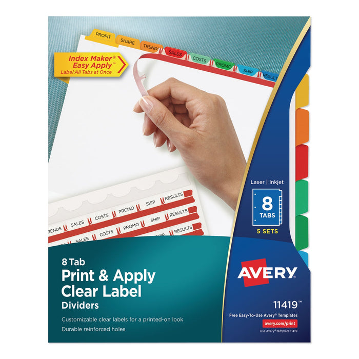 Avery Print and Apply Index Maker Clear Label Dividers, 8-Tab, Color Tabs, 11 x 8.5, White, Traditional Color Tabs, 5 Sets
