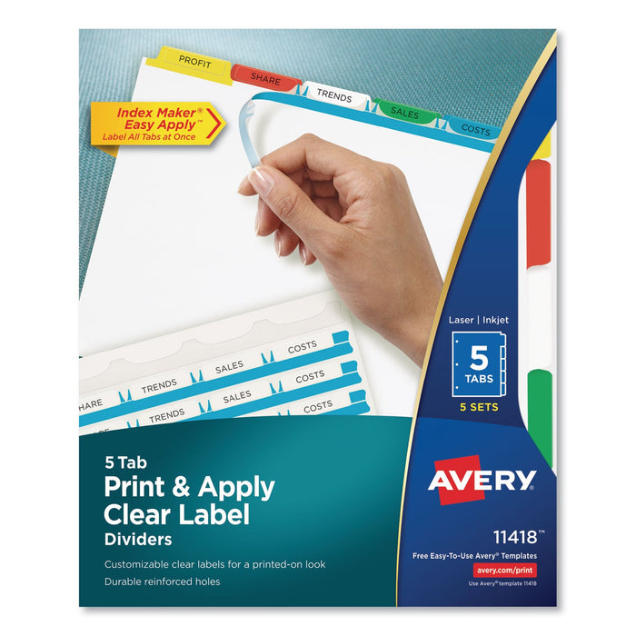 Avery Print and Apply Index Maker Clear Label Dividers, 5-Tab, Color Tabs, 11 x 8.5, White, Traditional Color Tabs, 5 Sets
