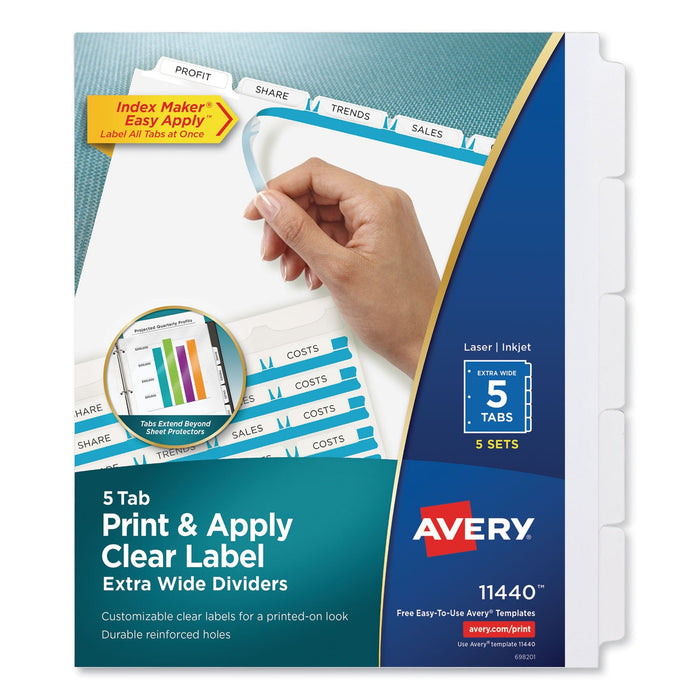 Avery Print and Apply Index Maker Clear Label Dividers, Extra Wide Tab, 5-Tab, White Tabs, 11.25 x 9.25, White, 5 Sets
