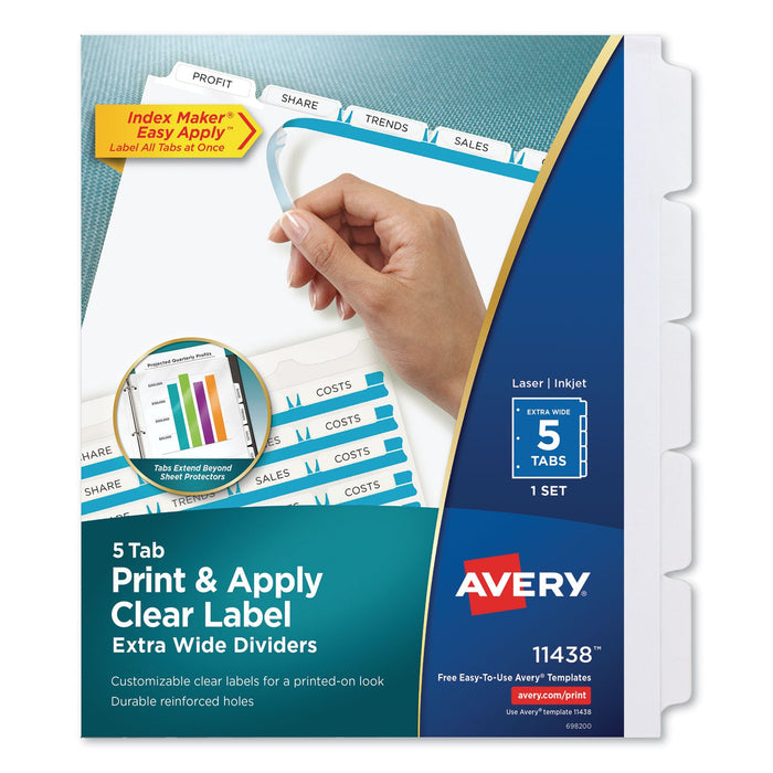 Avery Print and Apply Index Maker Clear Label Dividers, Extra Wide Tab, 5-Tab, White Tabs, 11.25 x 9.25, White, 1 Set