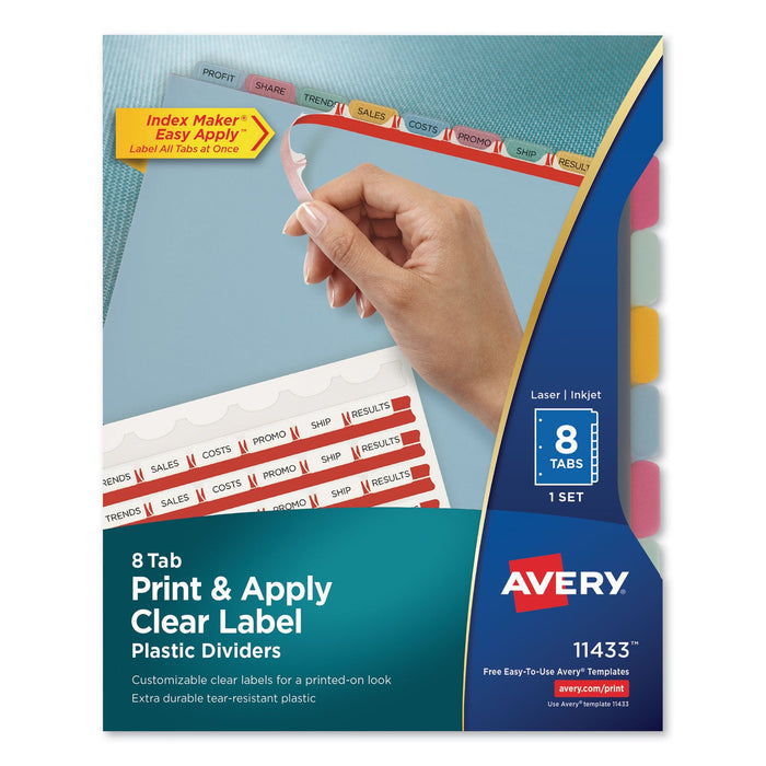 Avery Print and Apply Index Maker Clear Label Plastic Dividers with Printable Label Strip, 8-Tab, 11 x 8.5, Assorted Tabs, 1 Set