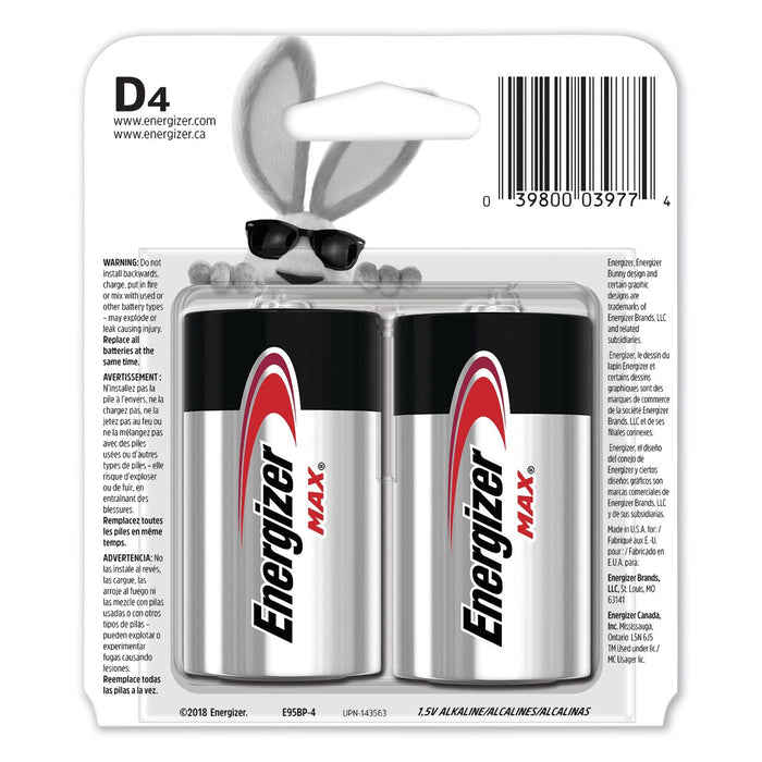 Energizer MAX Alkaline D Batteries, 1.5 V, 4/Pack
