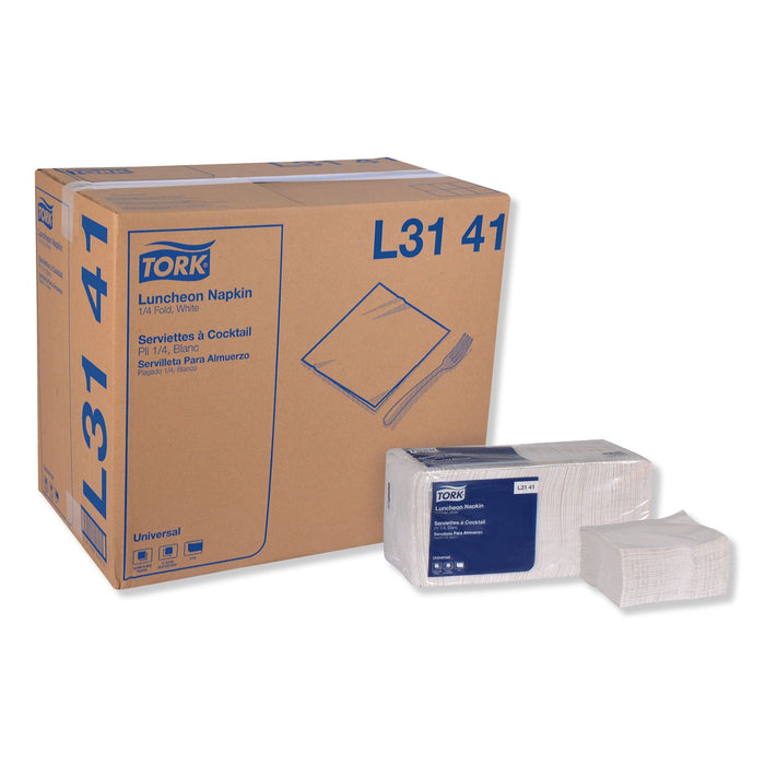 Tork Universal Luncheon Napkins, 1-Ply, 13" x 11.5", 1/4 Fold, Poly-Pack, White 6000/Carton