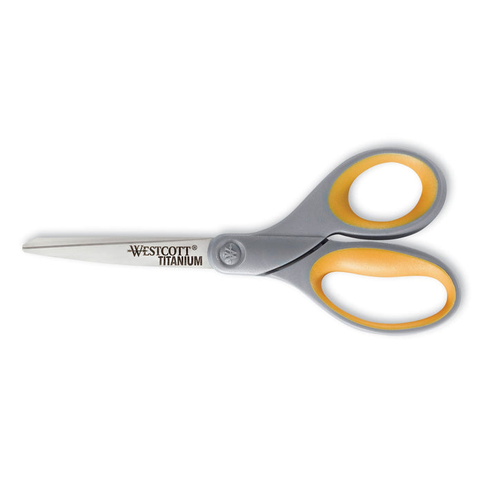 Westcott Titanium Bonded Scissors, 8" Long, 3.5" Cut Length, Gray/Yellow Straight Handle