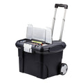 Storex Premium Mobile File Transport Box with Telescoping Handle and Organizer Tray, Letter Files, 15" x 16.38" x 14.25", Black/Gray