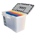 Storex Portable Letter/Legal Filebox with Organizer Lid, Letter/Legal Files, 14.5" x 10.5" x 12", Clear/Silver