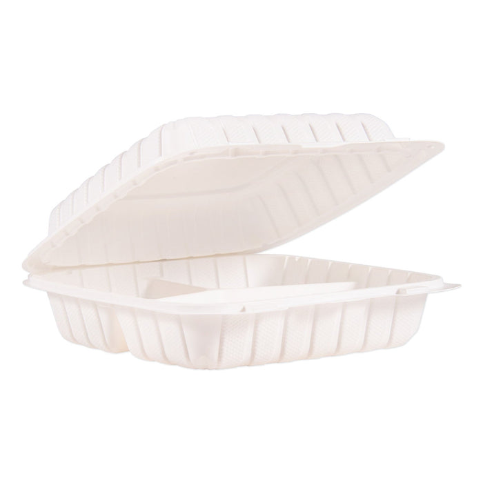 ProPlanet Hinged Lid Containers, 3-Compartment, 9 x 8.8 x 3, White, Plastic, 150/Carton