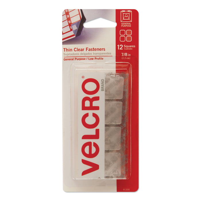 VELCRO Sticky-Back Fasteners, Removable Adhesive, 0.88" x 0.88", Clear, 12/Pack