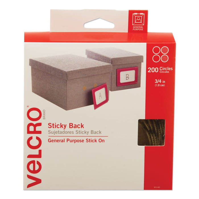 VELCRO Sticky-Back Fasteners with Dispenser Box, Removable Adhesive, 0.75" dia, Beige, 200/Roll
