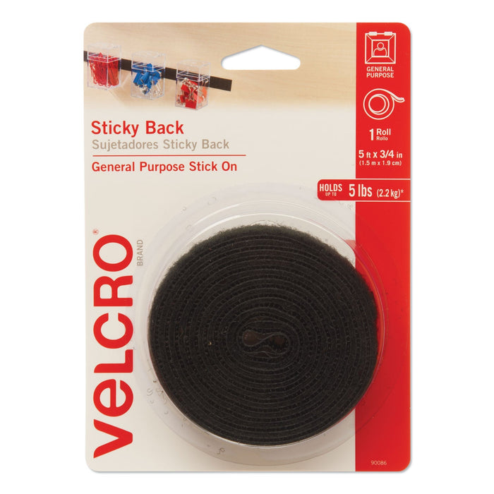 VELCRO Sticky-Back Fasteners with Dispenser, Removable Adhesive, 0.75" x 5 ft, Black