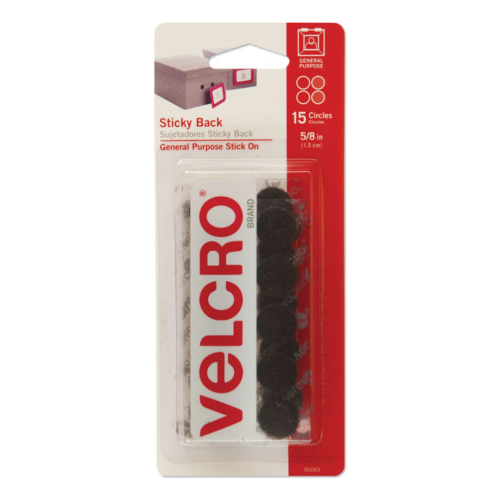 VELCRO Sticky-Back Fasteners, Removable Adhesive, 0.63" dia, Black, 15/Pack