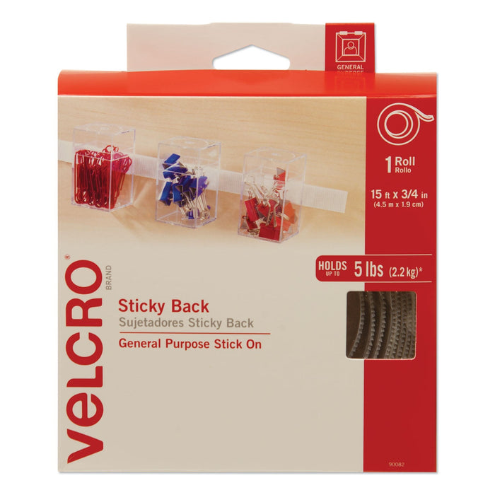 VELCRO Sticky-Back Fasteners with Dispenser, Removable Adhesive, 0.75" x 15 ft, White