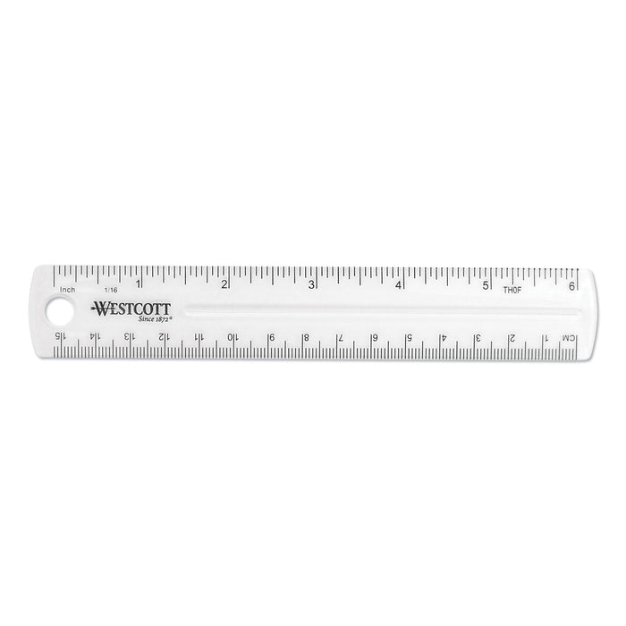 Westcott Transparent Shatter-Resistant Plastic Ruler, Standard/Metric, 6" Long, Clear