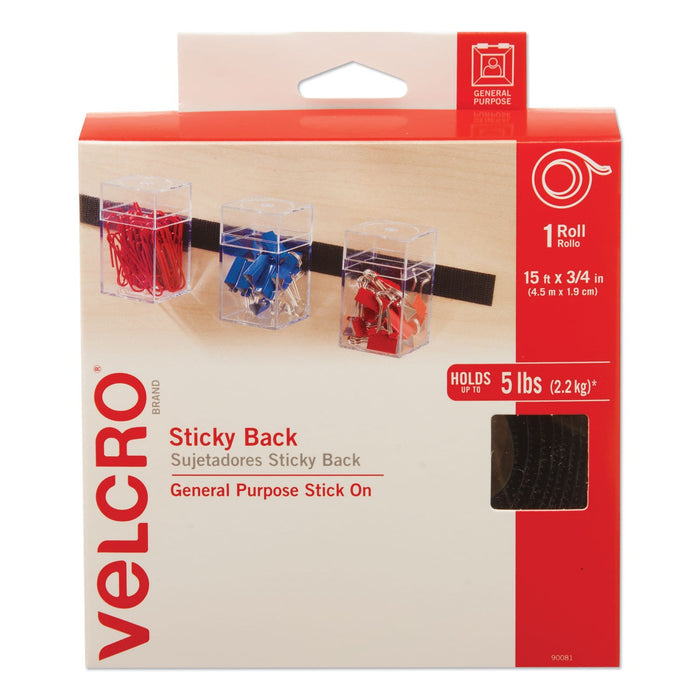 VELCRO Sticky-Back Fasteners with Dispenser, Removable Adhesive, 0.75" x 15 ft, Black