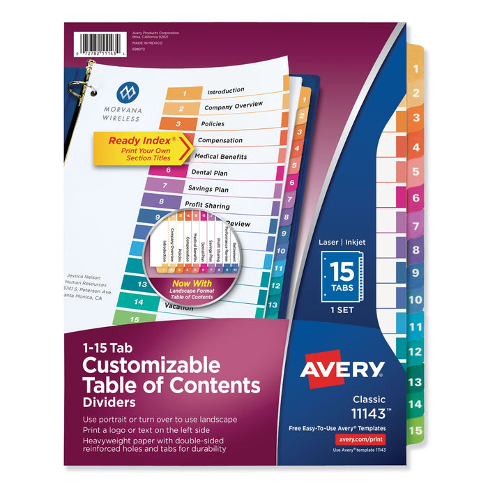 Avery Customizable TOC Ready Index Multicolor Tab Dividers, 15-Tab, 1 to 15, 11 x 8.5, White, Traditional Color Tabs, 1 Set