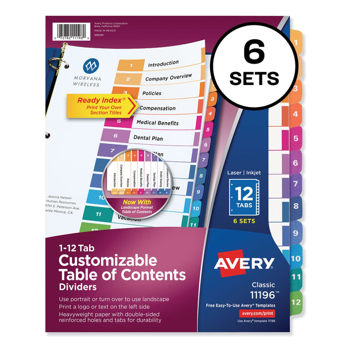 Avery Customizable TOC Ready Index Multicolor Tab Dividers, 12-Tab, 1 to 12, 11 x 8.5, White, Traditional Color Tabs, 6 Sets