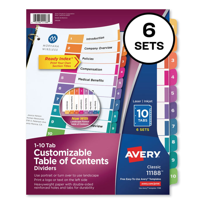 Avery Customizable TOC Ready Index Multicolor Tab Dividers, 10-Tab, 1 to 10, 11 x 8.5, White, Traditional Color Tabs, 6 Sets