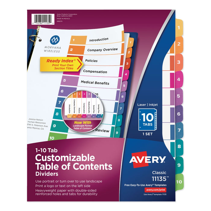 Avery Customizable TOC Ready Index Multicolor Tab Dividers, 10-Tab, 1 to 10, 11 x 8.5, White, Traditional Color Tabs, 1 Set