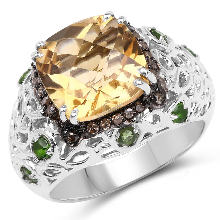 4.13 Carat Genuine Citrine, Chrome Diopside & Champagne Diamond .925 Sterling Silver Ring by Bids.com