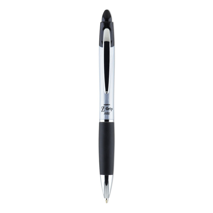 Zebra Z-Grip MAX Ballpoint Pen, Retractable, Medium 1 mm, Black Ink, Silver Barrel, 12/Pack