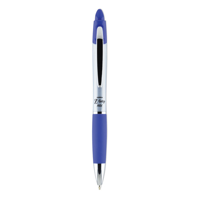 Zebra Z-Grip MAX Ballpoint Pen, Retractable, Medium 1 mm, Blue Ink, Silver Barrel, 12/Pack