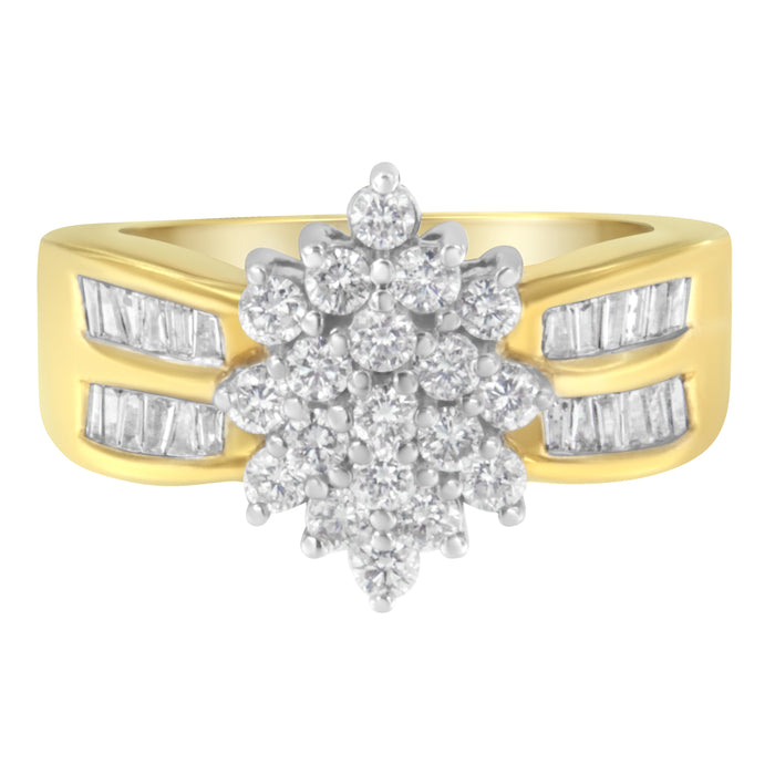 10K Yellow Gold 1.0 Cttw Round & Baguette Cut Diamond Floral Cluster Double-Channel Flared Band Statement Ring (H-I Color, SI2-I1 Clarity) - Size 6-1/2 by Bids.com