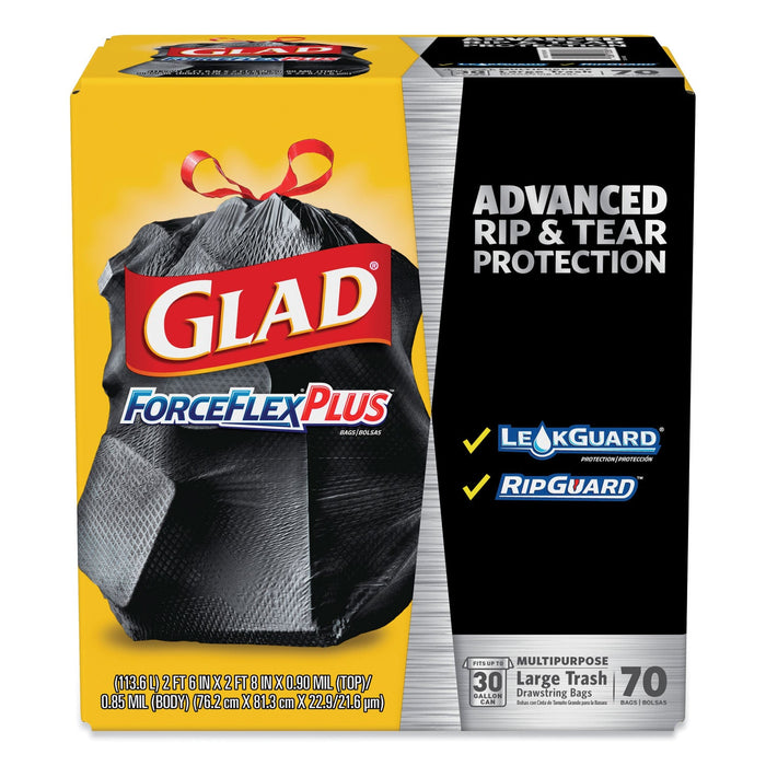Glad ForceFlexPlus Drawstring Large Trash Bags, 30 gal, 1.05 mil, 30" x 32", Black, 70/Box