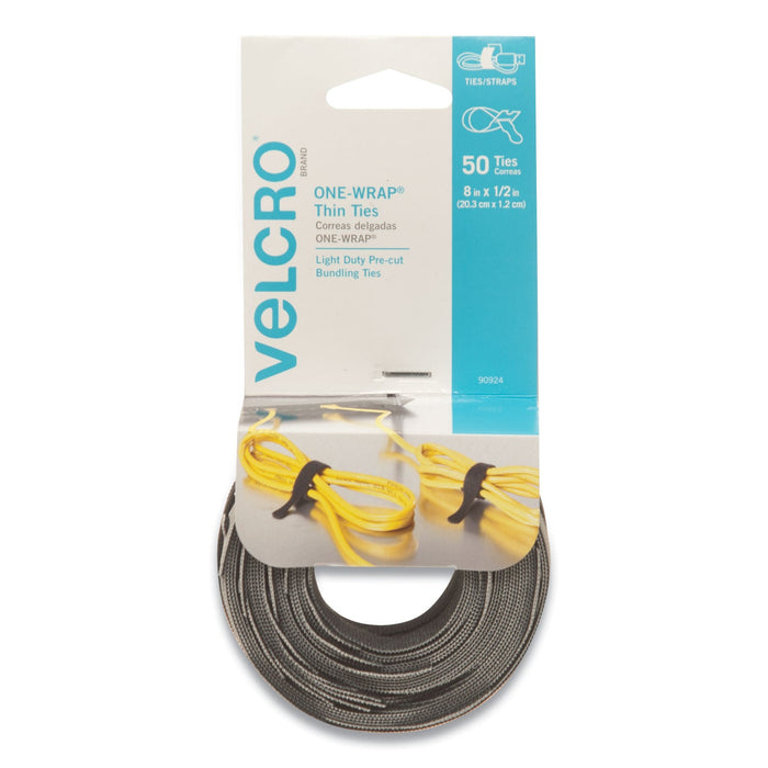 VELCRO ONE-WRAP Pre-Cut Thin Ties, 0.5" x 8", Black/Gray, 50/Pack