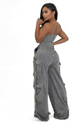 Black Denim Jean Cargo Jumpsuit by The House of Stylez